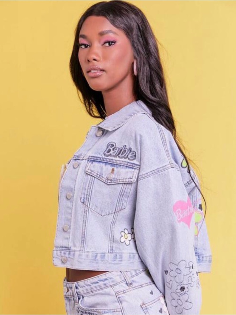 Forever 21 Light Wash Denim Barbie Patch Cropped Jean Jacket